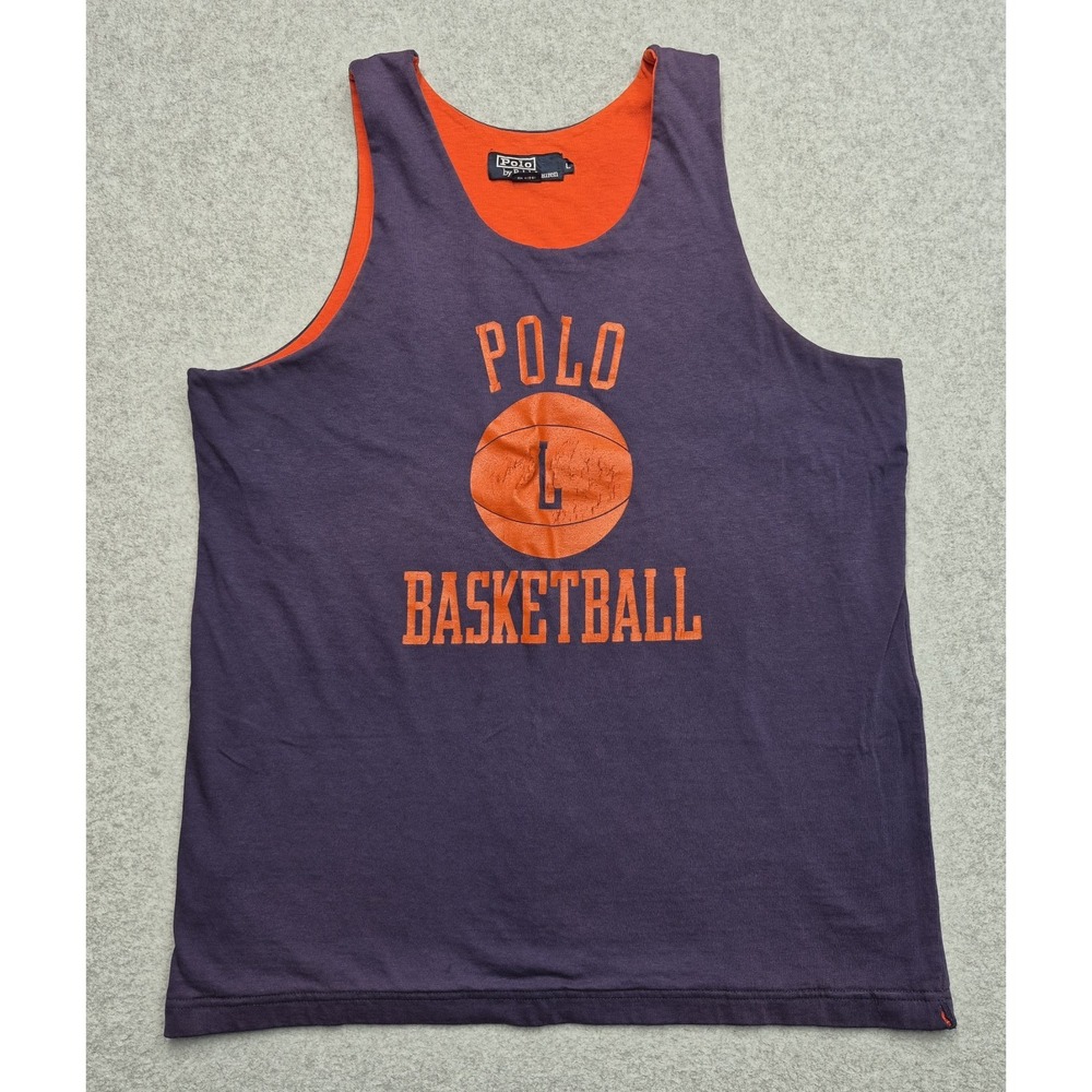 Vintage Polo Ralph Lauren Shirt Mens L Blue Orange 90s Tank Top Made In USA